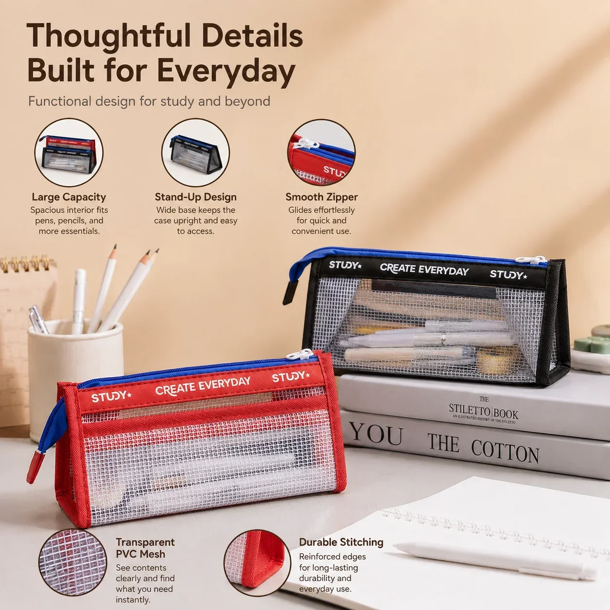 Aesthetic Large Pencil Case Pouch - Transparentes Federmäppchen, Großes Durchsichtiges Stiftetui für